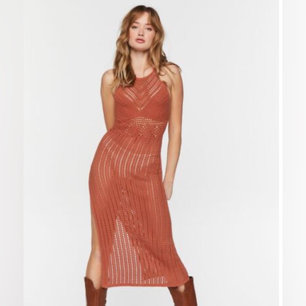 Crochet Halter Midi Dress Rust Color Size Small
